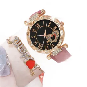 Women quartz watch bracelet set rose gold black roman numeral dial rhinestone mom fashion jewelry