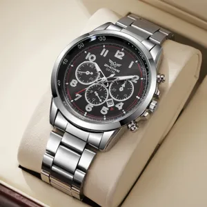 Men's stainless steel quartz watch with black chronograph dial and calendar display.