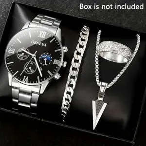 Men luxury watch gift set quartz steel strap wristwatch with bracelet necklace ring accessories