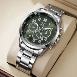 Men quartz watch with silver steel strap and green dial multi-function calendar design.