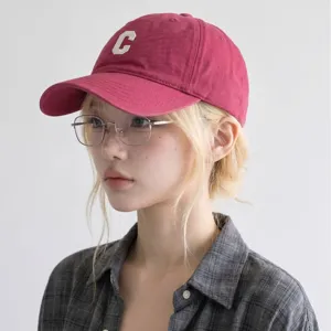 Weinrote Baseballkappe mit Buchstaben-C-Bestickung, koreanischer Stil Baumwollsonnenhut.