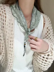 Korean floral triangle scarf with beads, sweet fashion summer neckerchief for women.
