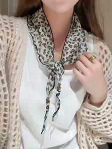 Korean style small floral triangular scarf with beads, sweet fashion summer neckerchief.