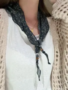 Floral triangular scarf with delicate beads detail, elegant French style neckerchief for summer.