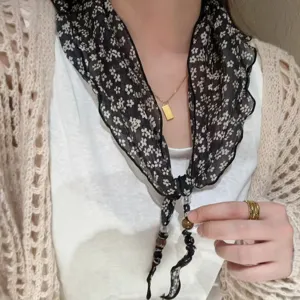 Korean Style Floral Print Triangle Scarf Summer Versatile Headscarf French Sweet Beaded Neckerchief Women Fashion Scarf