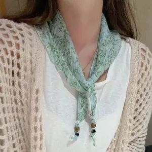 Korean style floral print triangular scarf summer versatile sweet silk scarf with beads