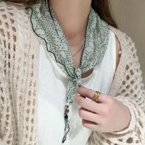 Korean style small floral triangular scarf summer new versatile headscarf silk neckerchief with beads