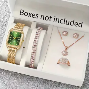 Women Quartz Watch Set Stainless Steel Alloy Rhinestone Rectangular Dial Fashion Casual Luxury Wristwatch Set