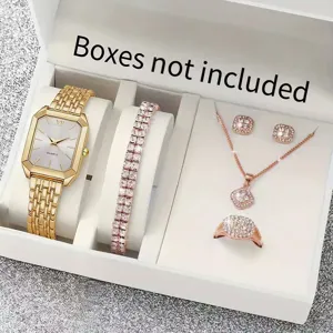 Women luxury quartz watch jewelry set with square dial, rhinestone bracelet, necklace, earrings