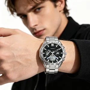Herren Edelstahl Quarz Chronograph Uhr Detailaufnahme mit schwarzem Zifferblatt und Band.