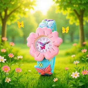Children's cute pink flower quartz watch with blue butterfly strap for spring daily wear.