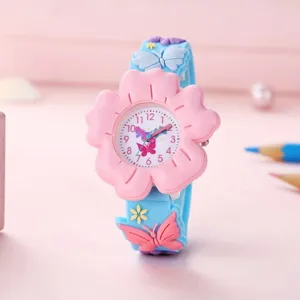 Children silicone watch with cute 3D pink flower case and butterfly strap for kids students.