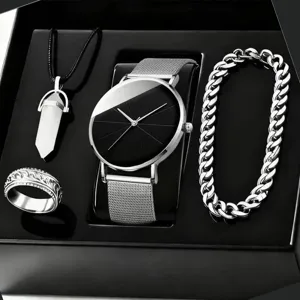 Men Quartz Watch Cross Bullet Pendant Necklace Bracelet Ring Four Piece Set Business Alloy Jewelry Set