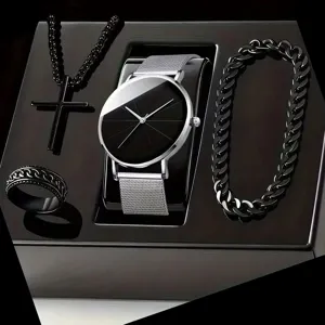 Men quartz watch cross necklace bracelet ring four piece gift set fashion jewelry accessories