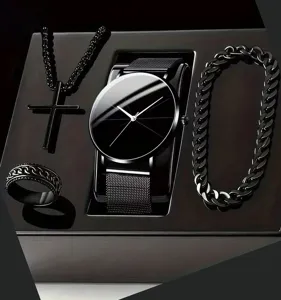 Men's black quartz watch jewelry set cross necklace Cuban chain bracelet gift box.
