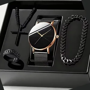 Men black quartz watch set with cross necklace, chain bracelet and ring in gift box.