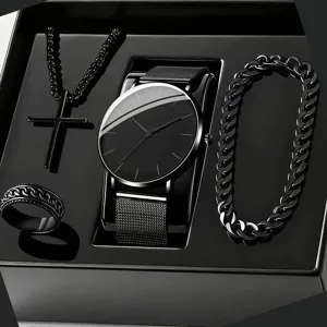 Men black quartz watch cross necklace bracelet ring set stylish accessories gift box
