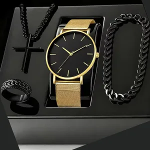 Men quartz watch cross necklace bracelet ring four piece set in black and gold gift box