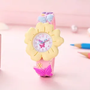 Cute silicone kids watch with 3D yellow flower dial and butterfly strap, vibrant dopamine style.