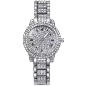Montre quartz femme élégante en strass avec chiffres romains et bracelet scintillant.