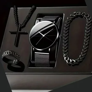 Men all-black jewelry gift set including quartz watch, cross necklace, bracelet and ring.