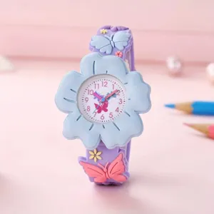 Kids cute silicone quartz watch with floral dial and colorful butterfly 3D strap design.