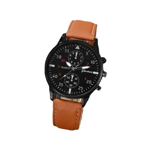 Reloj de cuarzo de moda para hombre con esfera negra y correa de cuero marron casual