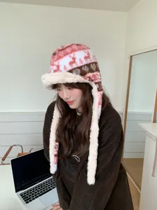 Gemütliche Plüsch Ohrenklappen Mütze Damen, weiche Fleece Winter warme Bombermütze rosa.