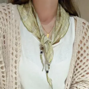 Korean plaid triangular scarf for women, lightweight neckerchief with cute beads, chic daily wear accessory