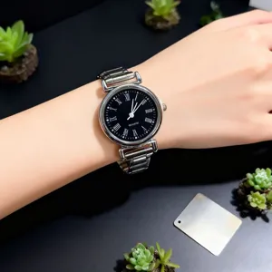 Damen Quarzuhr Edelstahl Armband schwarzes Zifferblatt elegante Mode Freizeituhr