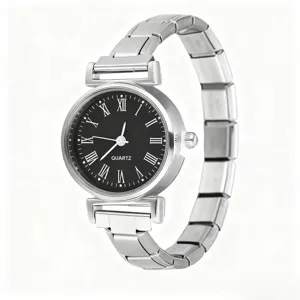 Edelstahl DIY Stretch Armband Quarz Damen Uhr mit romischen Ziffern und schwarzem Zifferblatt.