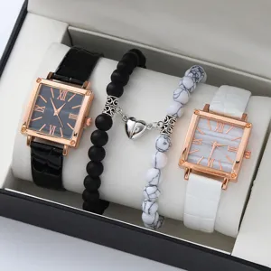 Donne Quadrato Quadrante Orologio Set con Magnetico Pietra Coppia Bracciali Nero Bianco Pelle