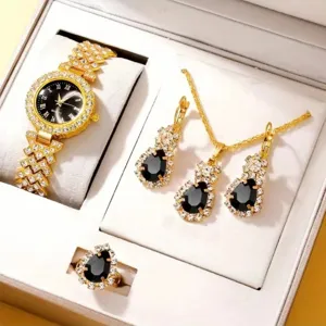 Vierdelige mode dames quartz horloge sieraden set met strass steentjes en zwarte druppelstenen.