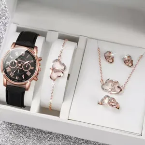 Set orologio donna quarzo cinturino pelle doppio cuore collana braccialetto anello orecchini