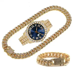 Ensemble de montre quartz hip hop diamant glacé de luxe avec collier et bracelet en chaîne cubaine