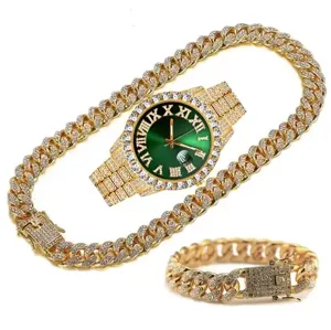 Luxueuse montre quartz cadran vert glacier avec chaine cubaine bracelet ensemble hip hop