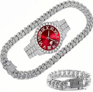 Montre à quartz en strass de luxe avec ensemble collier bracelet chaîne cubaine hip-hop.