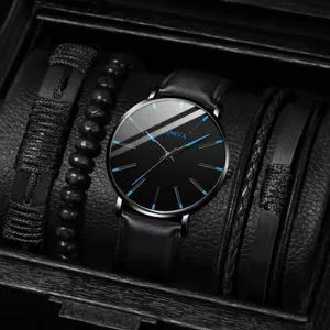 Ανδρικό Μόδας Ρολόι Quartz Set Δερμάτινο Λουράκι Βραχιόλια Casual Ρολόι Δώρο Κουτί