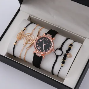 Orologio da polso donna al quarzo e set di bracciali moda con cinturino PU nero.