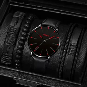 Πολυτελές ανδρικό ρολόι quartz και σετ βραχιόλια μαύρο καντράν κόκκινοι δείκτες δώρο κουτί