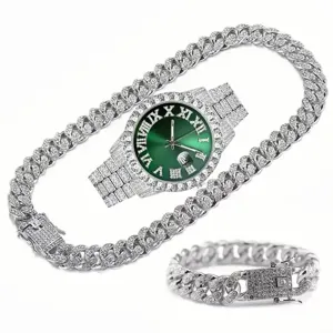 Montre Quartz Luxe Homme Ensemble Bracelet et Collier Chaîne Gourmette Cubaine Hip Hop Cadran Strass Bijou Mode Cadeau