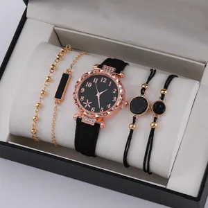 Set orologio donna al quarzo con cinturino in pelle nera quadrante strass e bracciali
