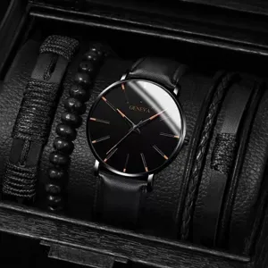 Ανδρικό μαύρο ρολόι quartz και σετ βραχιολιών λεπτομερής όψη κομψή συσκευασία δώρου