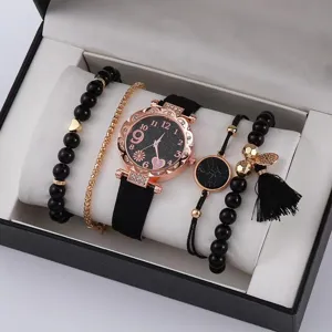 Set di orologi da polso al quarzo da donna con cinturino in pelle PU nera e bracciali