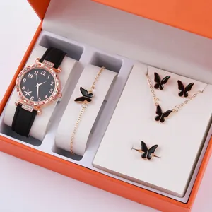 Set regalo orologio da donna al quarzo con bracciale collana orecchini anello farfalla nera.