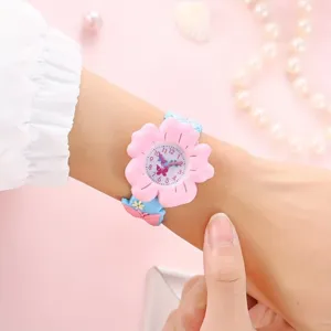 Cute children pink flower watch with butterfly strap student quartz timepiece detail view