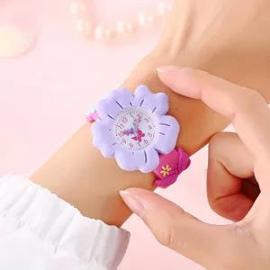 Children's cute purple flower quartz watch with butterfly dial and pink strap for students.