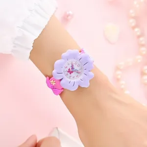 Cute kids watch with purple flower dial and pink strap, perfect gift for children and students.