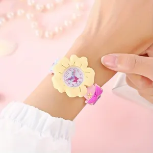 Kids cute flower quartz watch pink strap children gift waterproof casual wrist watch sweet style