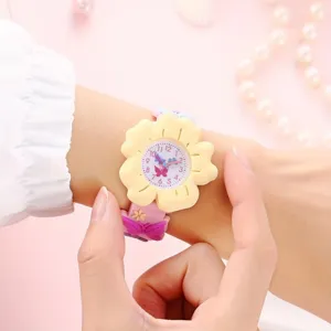Kids cute flower shape quartz watch with butterfly strap, pink dial detail view for students.